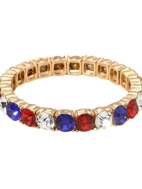 Gold Stretch Crystal Eternity Bracelet - Red, Blue & Clear Stones Patriotic